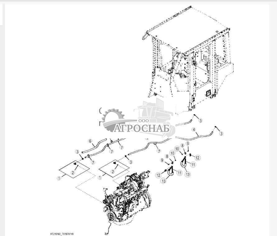 Трубопроводы обогревателя воздуха 640H, 648H, 848H (гидротрансформатор), 748H (прямой привод) 